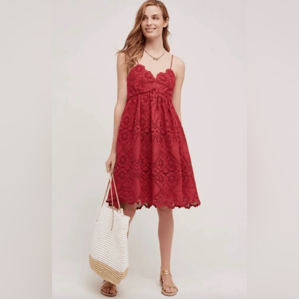 Maeve by Anthropologie Summer Moon Lace Babydoll Dress Red Wine Bordeaux Size‎ 4